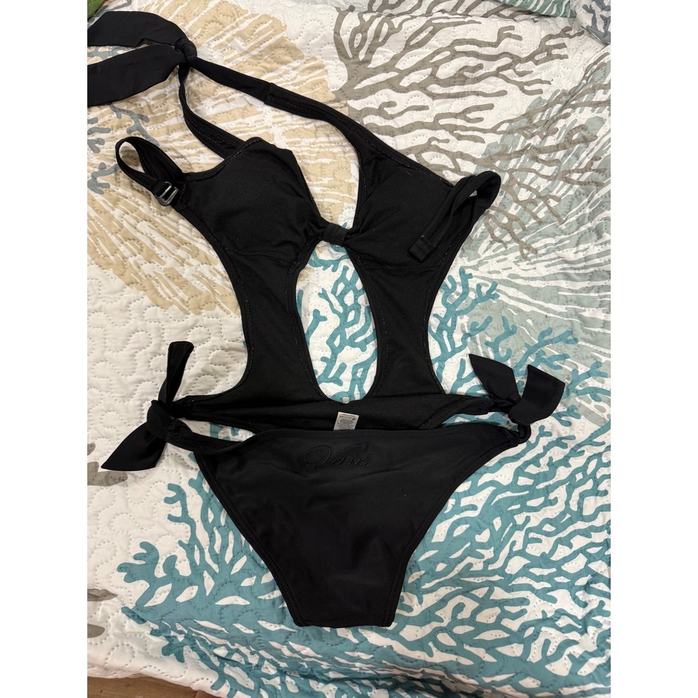Vans Womens Black Cutout Monokini Halter Side Tie One Piece Swimsuit Small - Picture 2 of 5